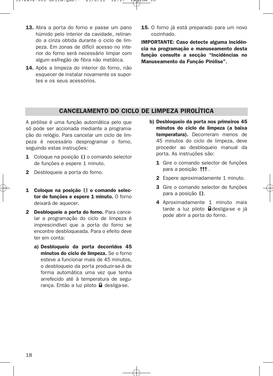 Cancelamento do ciclo de limpeza pirolítica | Teka HPL 830 User Manual | Page 18 / 48