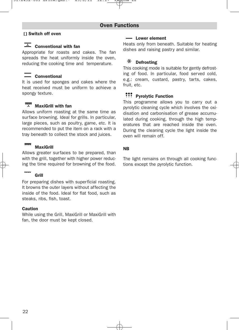 Oven functions | Teka HPL 830 User Manual | Page 22 / 48