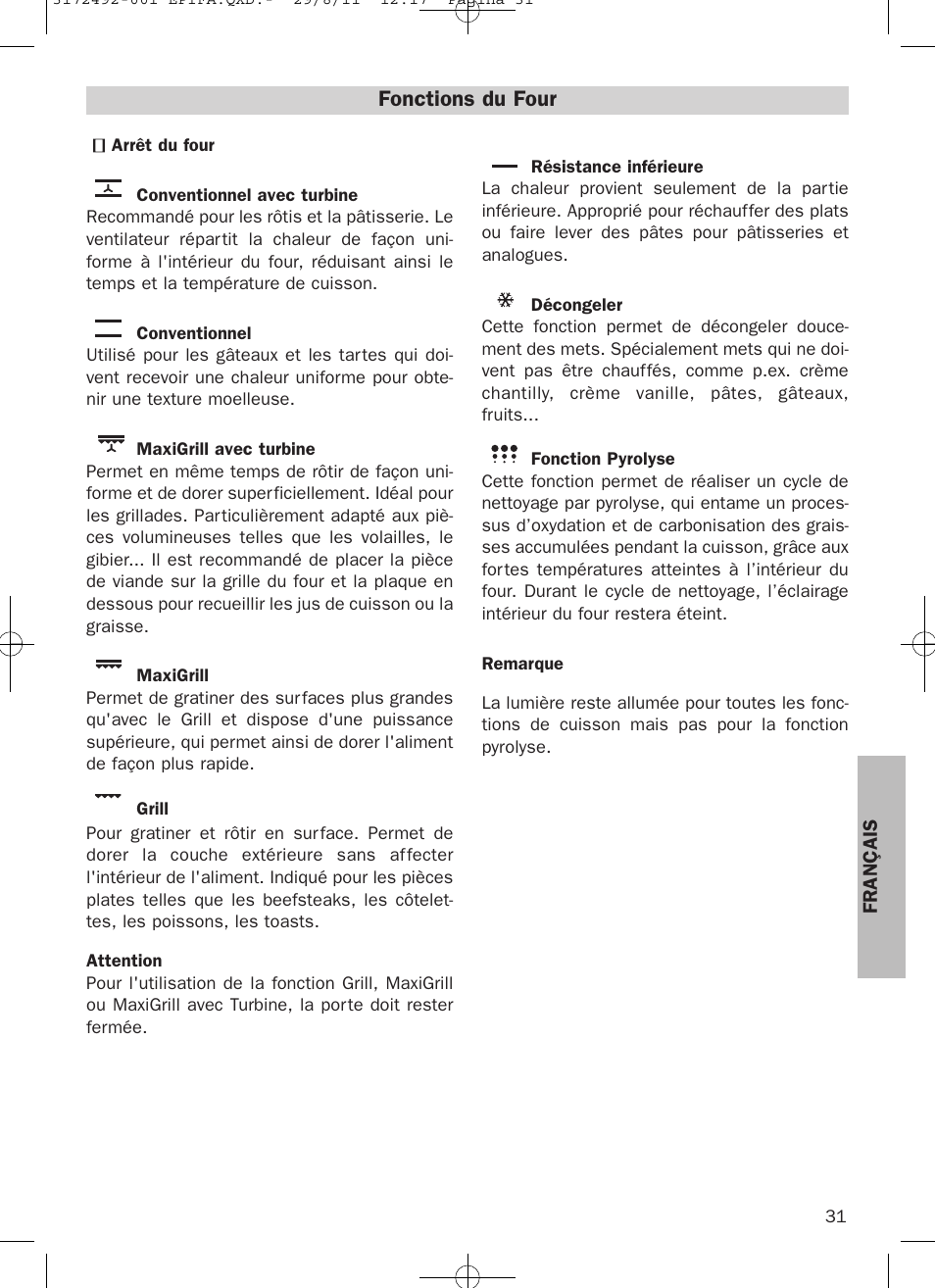 Fonctions du four | Teka HPL 830 User Manual | Page 31 / 48