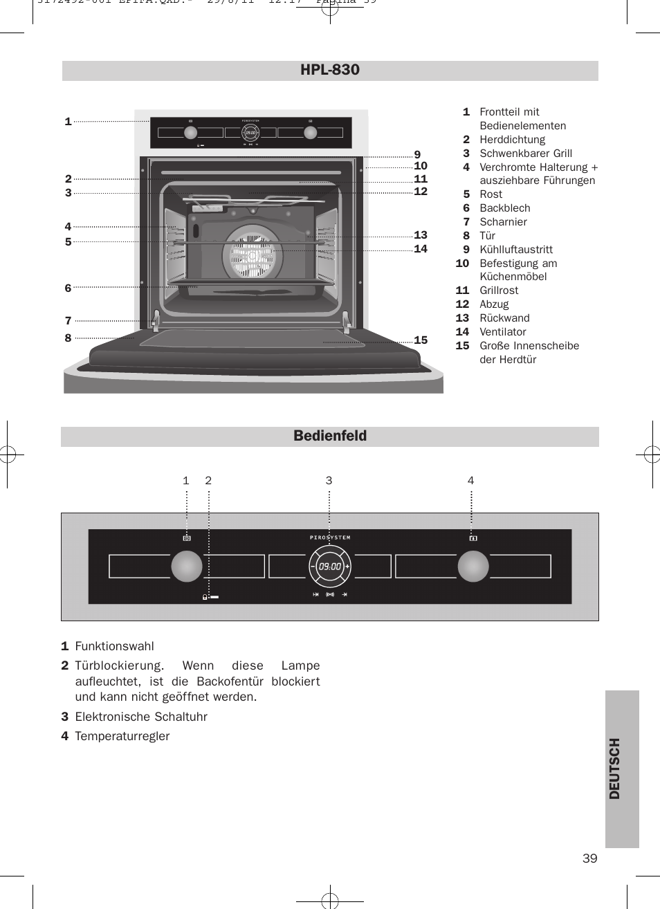 Bedienfeld, Hpl-830, Deutsch | Teka HPL 830 User Manual | Page 39 / 48