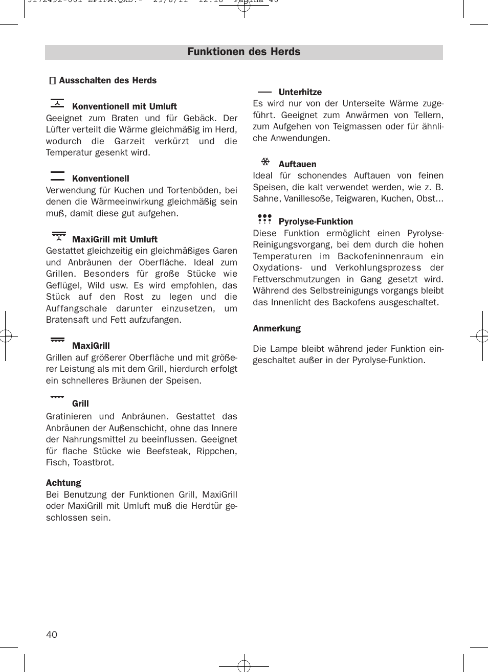 Funktionen des herds | Teka HPL 830 User Manual | Page 40 / 48