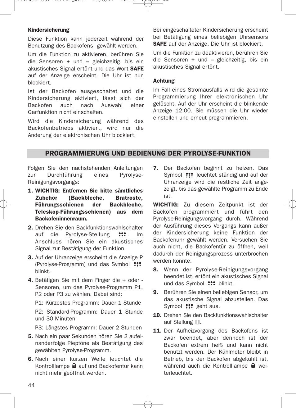 Programmierung und bedienung der pyrolyse-funktion | Teka HPL 830 User Manual | Page 44 / 48