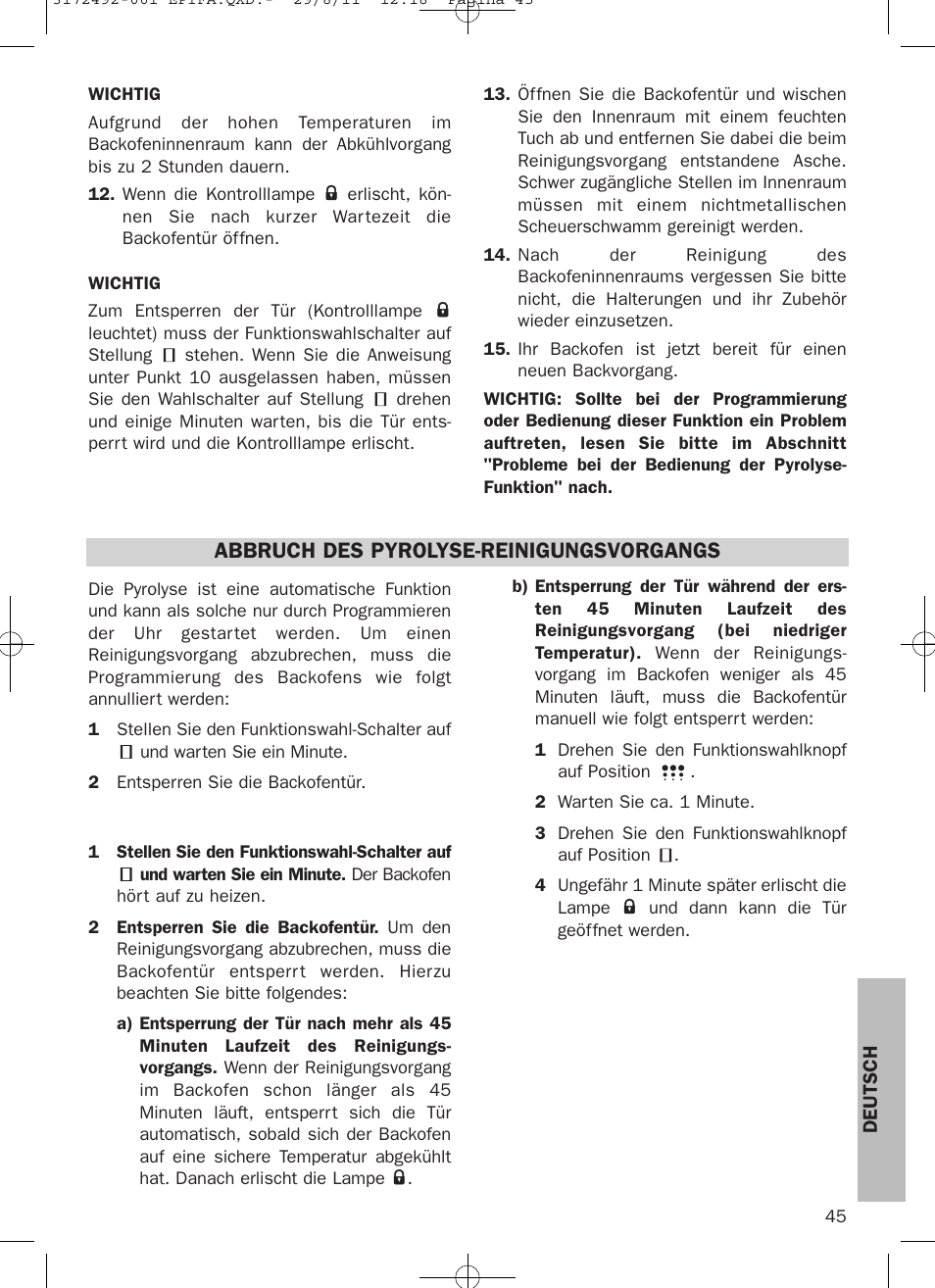 Abbruch des pyrolyse-reinigungsvorgangs | Teka HPL 830 User Manual | Page 45 / 48