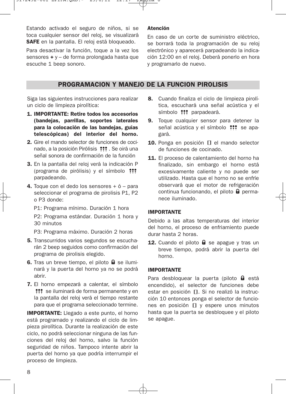 Programacion y manejo de la funcion pirolisis | Teka HPL 830 User Manual | Page 8 / 48