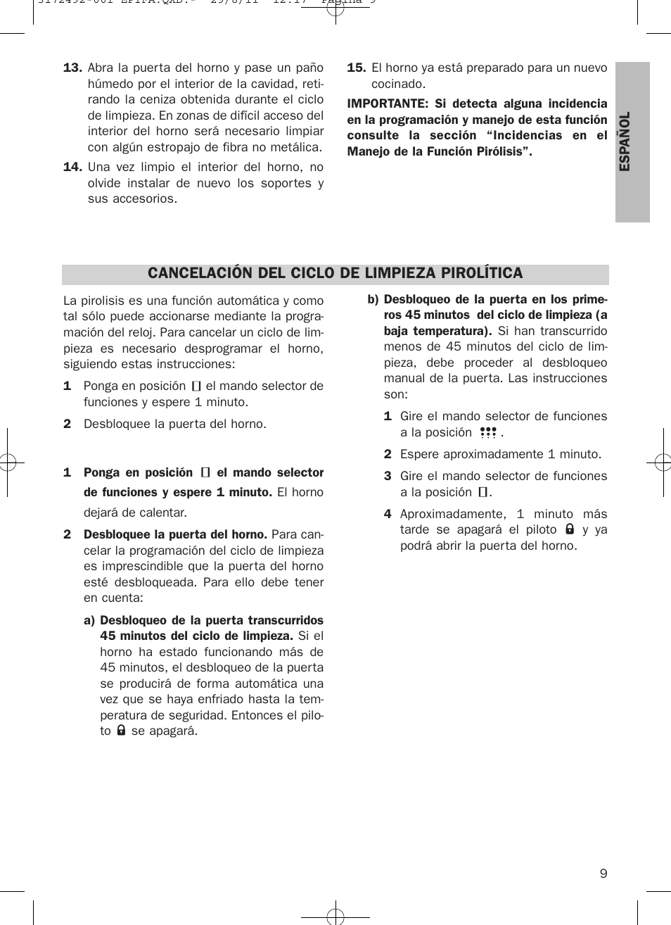 Cancelación del ciclo de limpieza pirolítica | Teka HPL 830 User Manual | Page 9 / 48