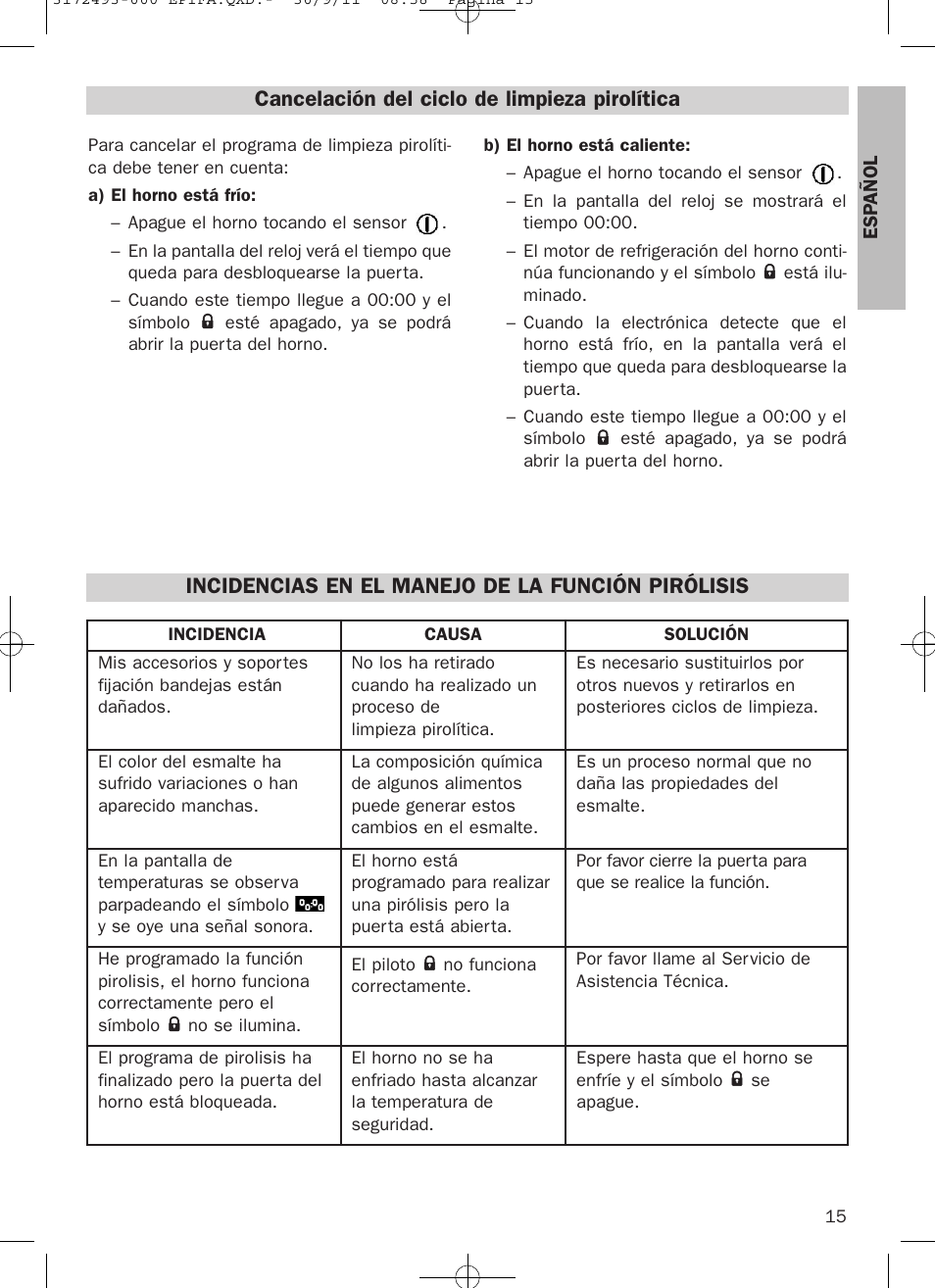 Cancelación del ciclo de limpieza pirolítica, Incidencias en el manejo de la función pirólisis | Teka HPL 870 User Manual | Page 15 / 84