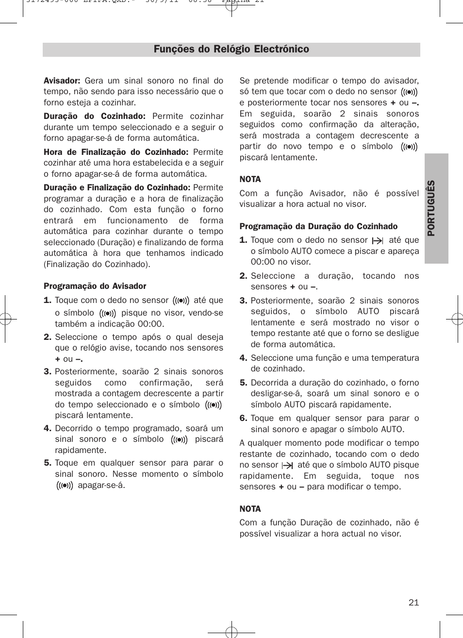 Funções do relógio electrónico | Teka HPL 870 User Manual | Page 21 / 84
