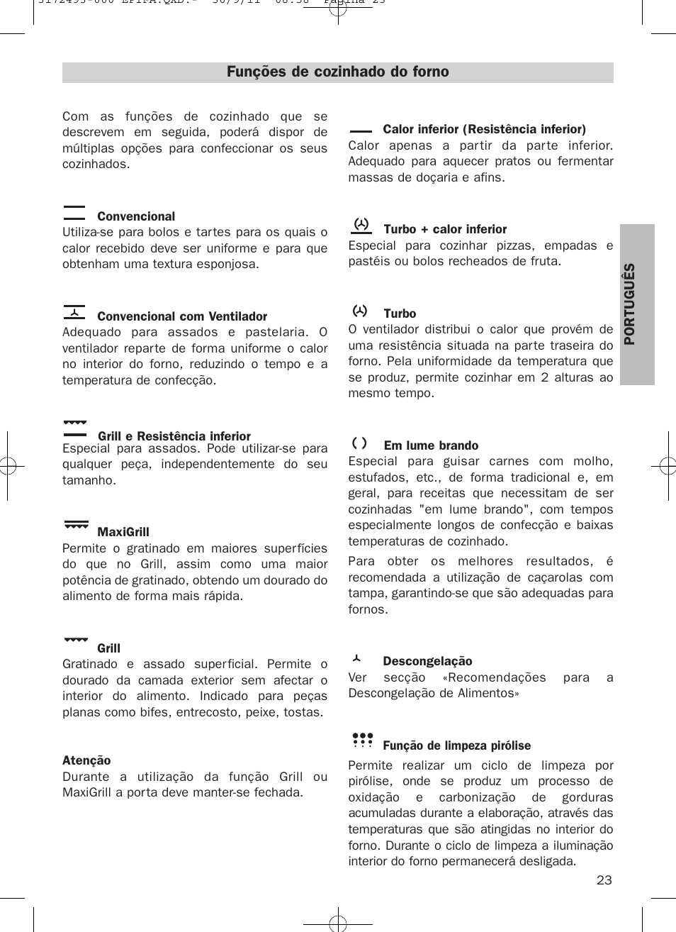 Funções de cozinhado do forno | Teka HPL 870 User Manual | Page 23 / 84