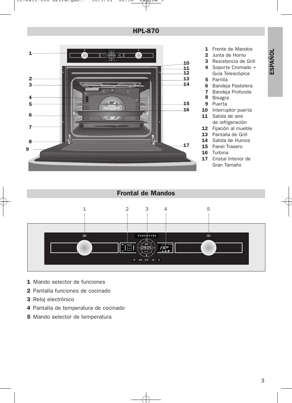 Frontal de mandos, Hpl-870, Esp añol | Teka HPL 870 User Manual | Page 3 / 84