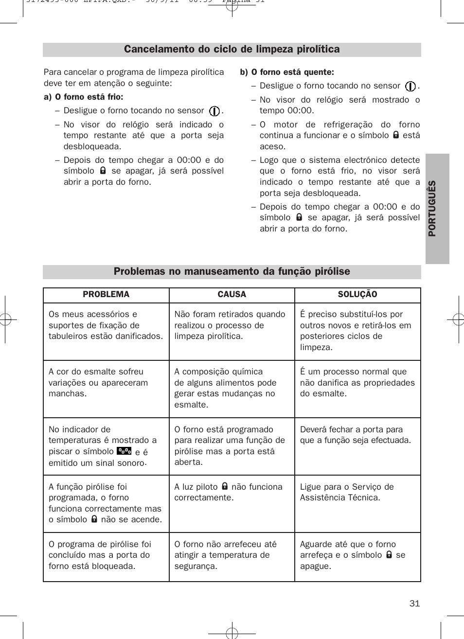 Cancelamento do ciclo de limpeza pirolítica, Problemas no manuseamento da função pirólise | Teka HPL 870 User Manual | Page 31 / 84