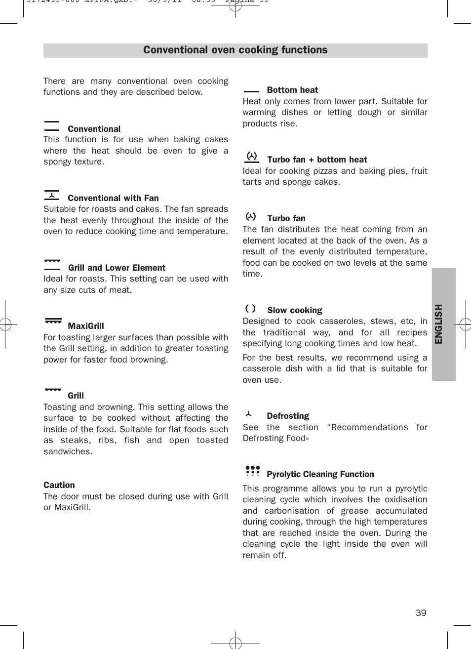 Conventional oven cooking functions | Teka HPL 870 User Manual | Page 39 / 84