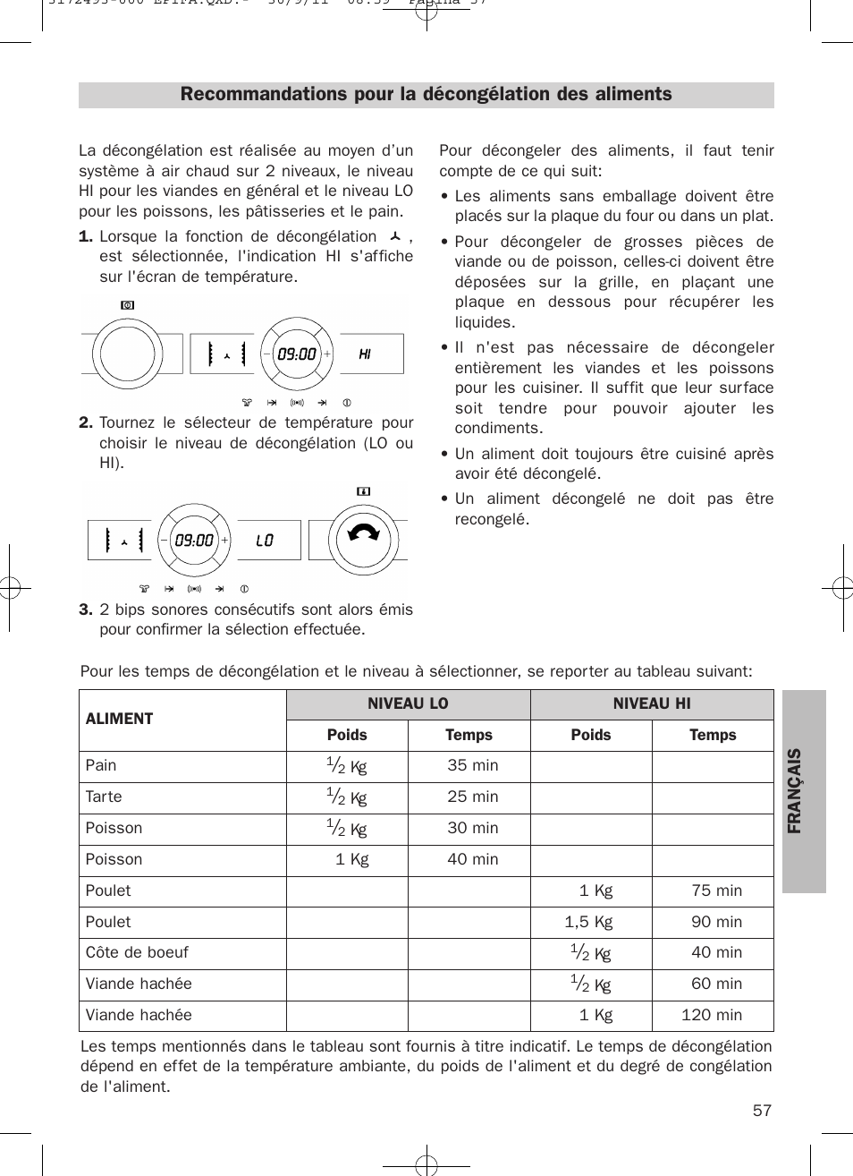 Recommandations pour la décongélation des aliments | Teka HPL 870 User Manual | Page 57 / 84