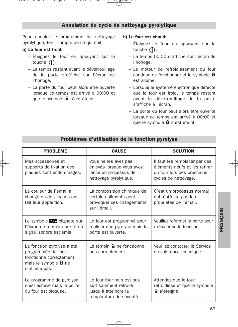 Annulation du cycle de nettoyage pyrolytique, Problèmes d’utilisation de la fonction pyrolyse | Teka HPL 870 User Manual | Page 63 / 84