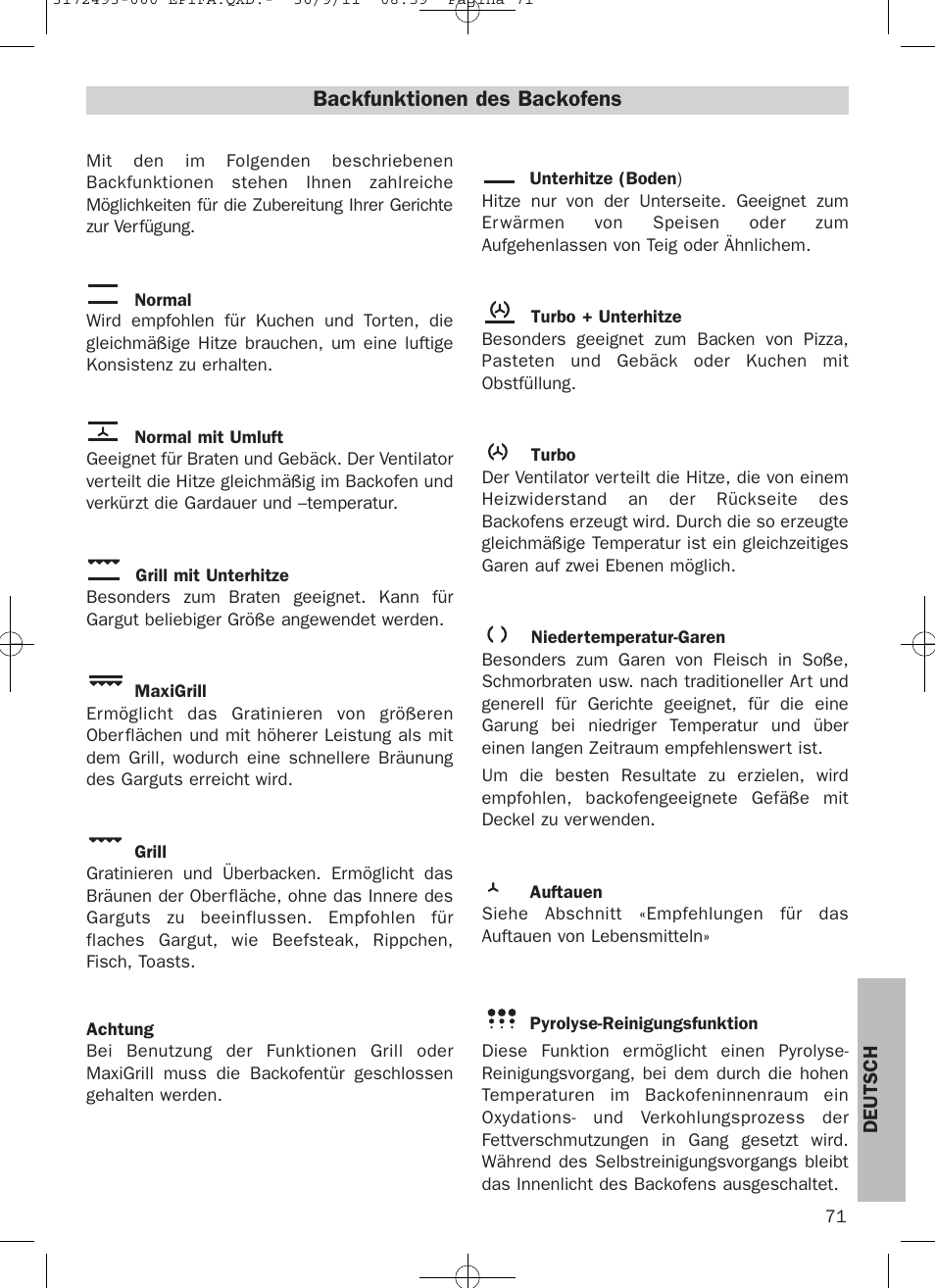 Backfunktionen des backofens | Teka HPL 870 User Manual | Page 71 / 84