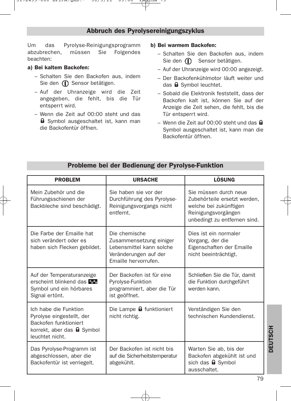 Abbruch des pyrolysereinigungszyklus, Probleme bei der bedienung der pyrolyse-funktion | Teka HPL 870 User Manual | Page 79 / 84