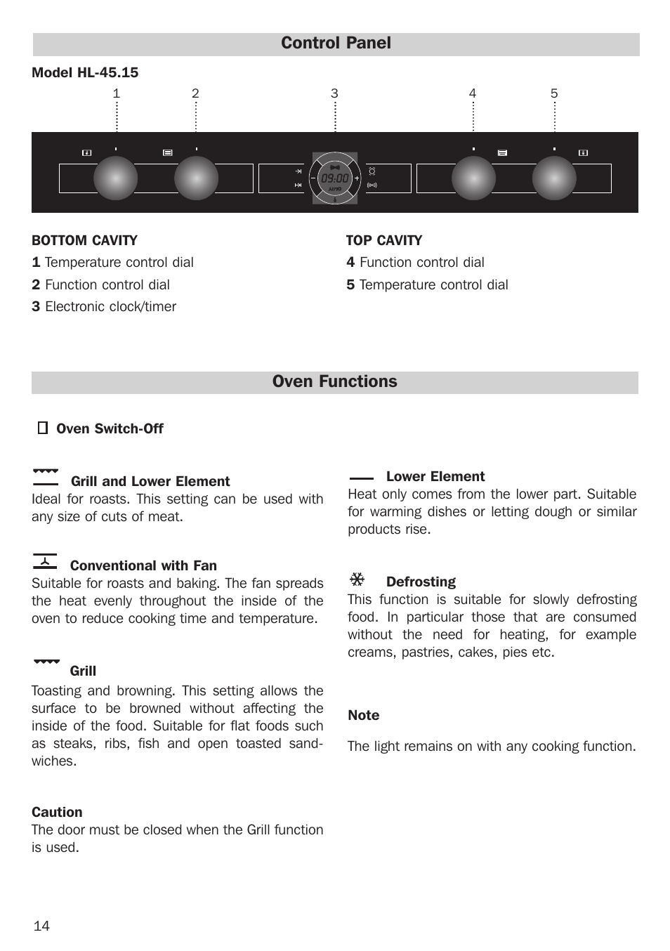 Control panel oven functions | Teka Combo HL 45.15 User Manual | Page 14 / 32