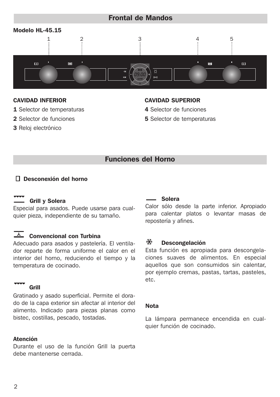 Frontal de mandos funciones del horno | Teka Combo HL 45.15 User Manual | Page 2 / 32