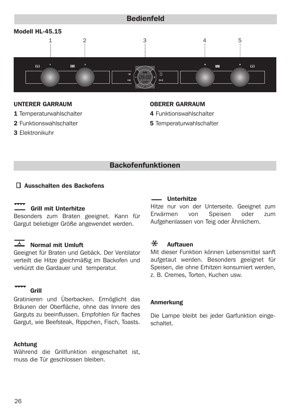 Bedienfeld backofenfunktionen | Teka Combo HL 45.15 User Manual | Page 26 / 32