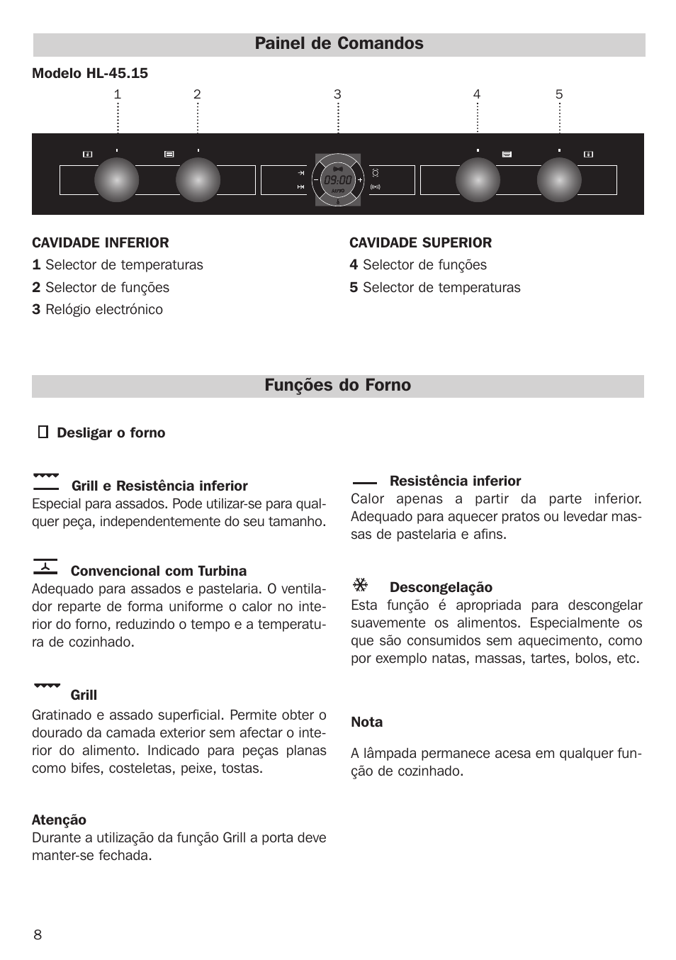 Painel de comandos funções do forno | Teka Combo HL 45.15 User Manual | Page 8 / 32