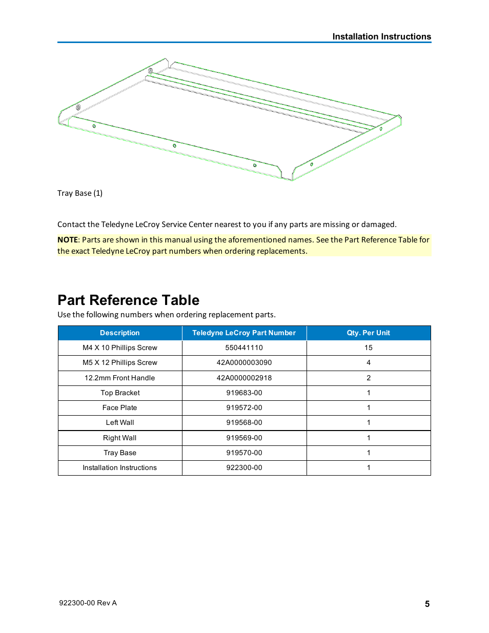 Part reference table | Teledyne LeCroy 6Zi Rackmount User Manual | Page 7 / 12