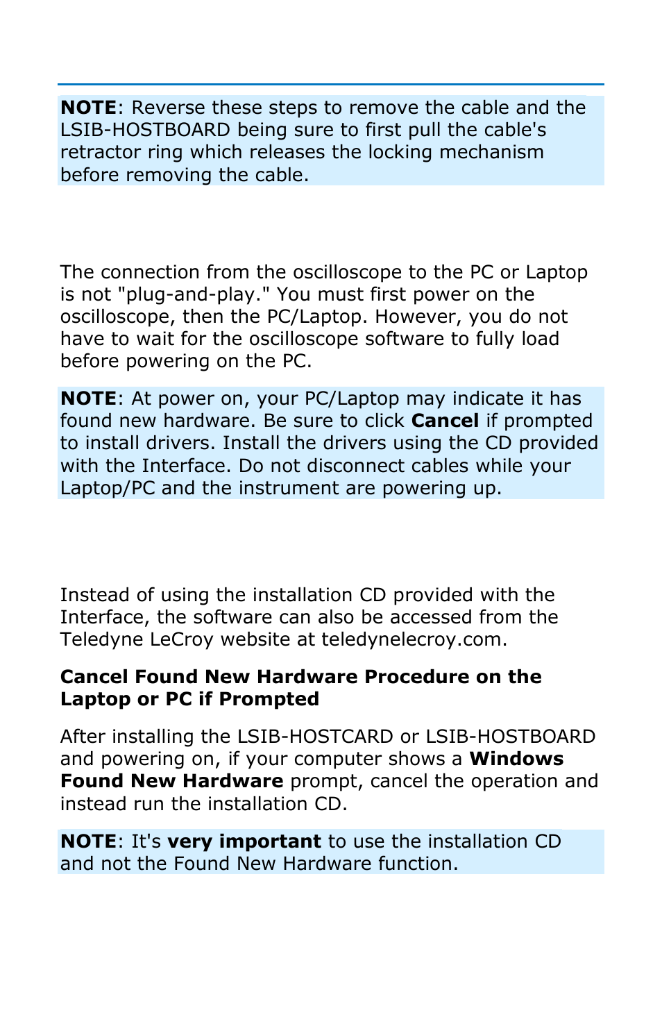 Powering sequence, Laptop or pc application and driver installation | Teledyne LeCroy LSIB-1 Host Interfaces User Manual | Page 16 / 44