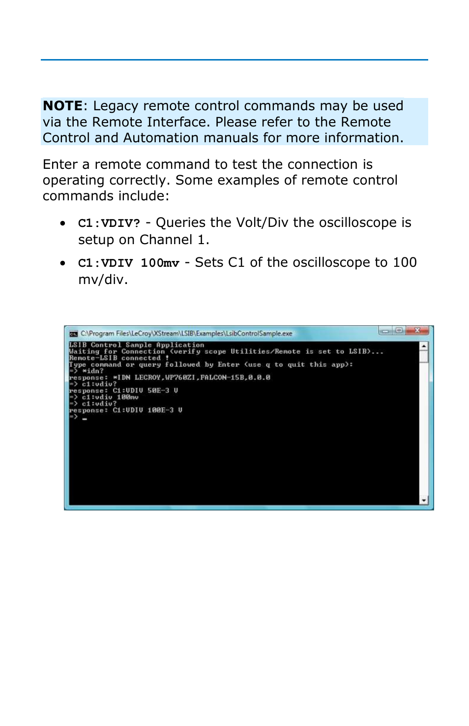 Remote control commands | Teledyne LeCroy LSIB-1 Host Interfaces User Manual | Page 26 / 44