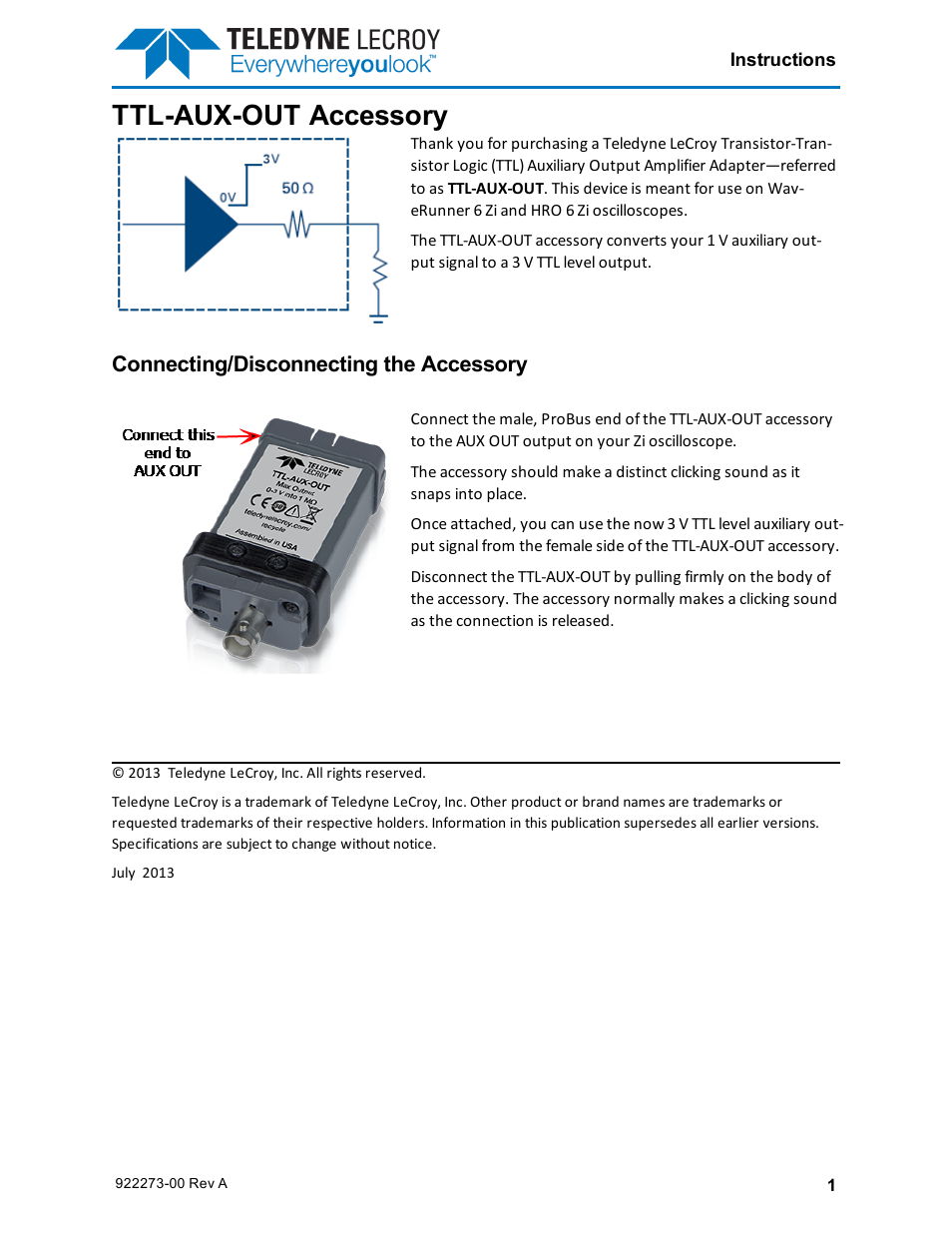 Teledyne LeCroy TTL-AUX-OUT User Manual | 1 page