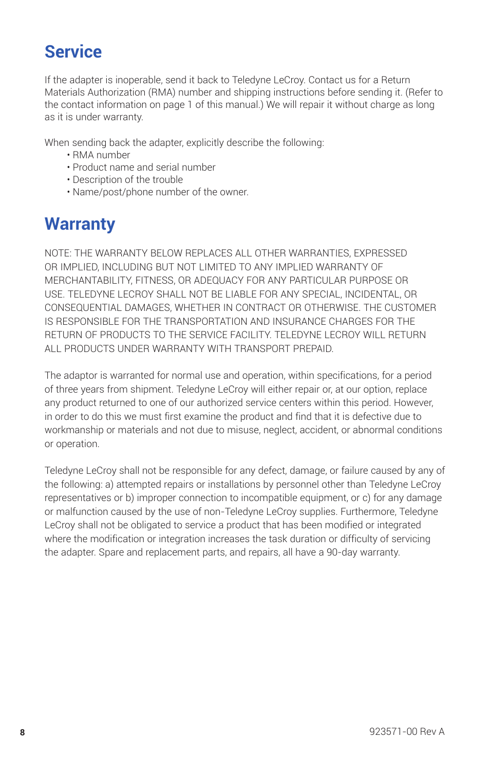 Specifications, Service, Warranty | Teledyne LeCroy USB2-GPIB User Manual | Page 10 / 12