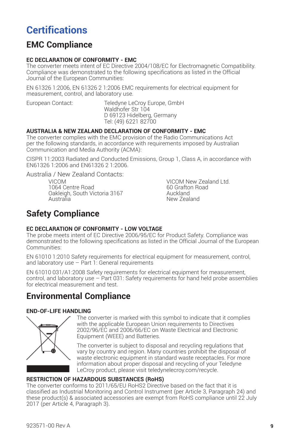 Certifications, Emc compliance, Safety compliance | Environmental compliance | Teledyne LeCroy USB2-GPIB User Manual | Page 11 / 12