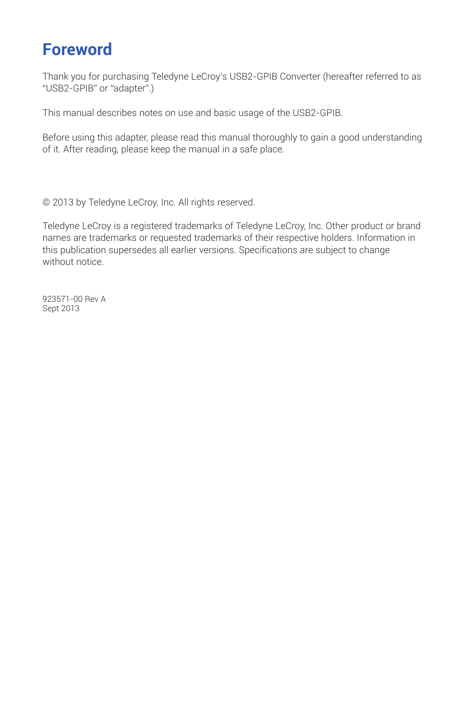 Foreword | Teledyne LeCroy USB2-GPIB User Manual | Page 2 / 12