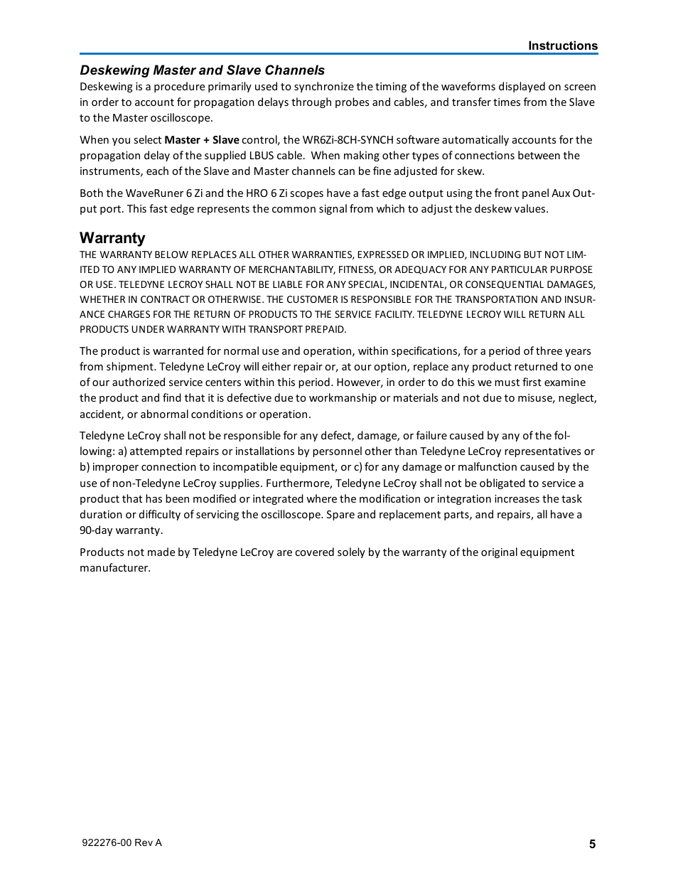 Warranty | Teledyne LeCroy WaveRunner 6 Zi_HRO 6 Zi, 8-Channel Sync Instruction Manual User Manual | Page 5 / 6
