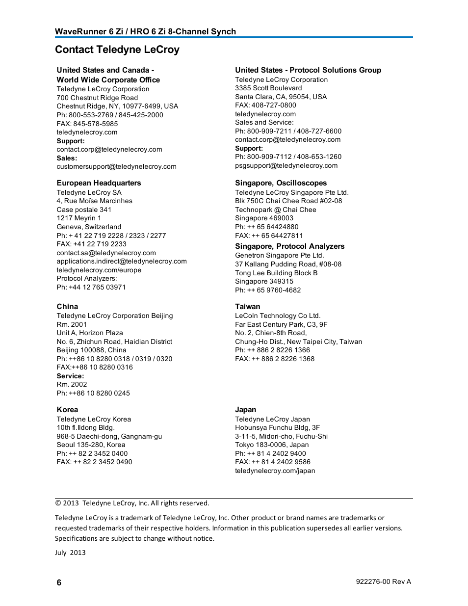 Contact teledyne lecroy | Teledyne LeCroy WaveRunner 6 Zi_HRO 6 Zi, 8-Channel Sync Instruction Manual User Manual | Page 6 / 6