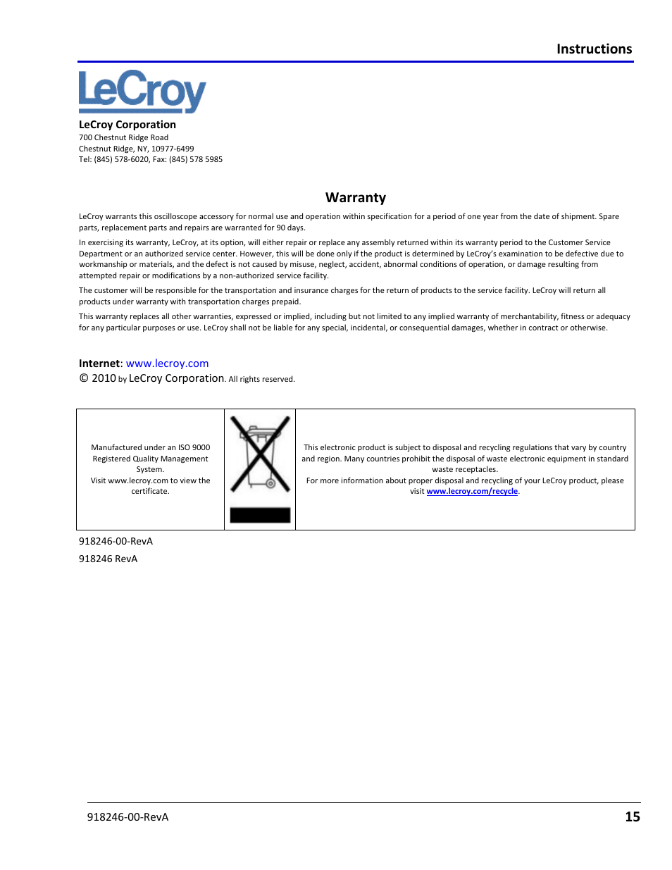 Instructions, Warranty | Teledyne LeCroy Zi Oscilloscope Synchronization ProBus Module (Zi-8CH-SYNCH) User Manual | Page 15 / 16