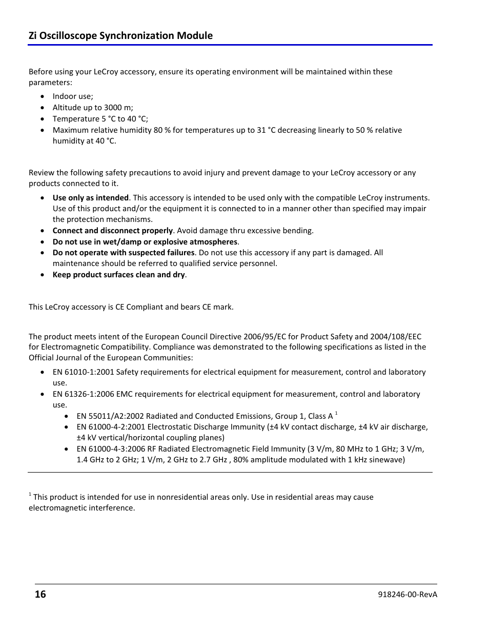Operating environment, General safety summary, Compliance information | Teledyne LeCroy Zi Oscilloscope Synchronization ProBus Module (Zi-8CH-SYNCH) User Manual | Page 16 / 16