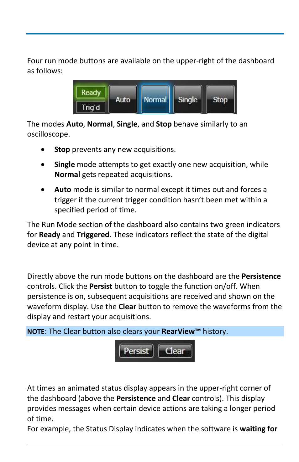 Run modes, Persistence, Status display | Teledyne LeCroy LogicStudio User Manual | Page 21 / 42