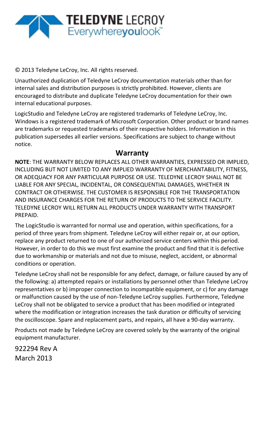 Warranty | Teledyne LeCroy LogicStudio User Manual | Page 3 / 42