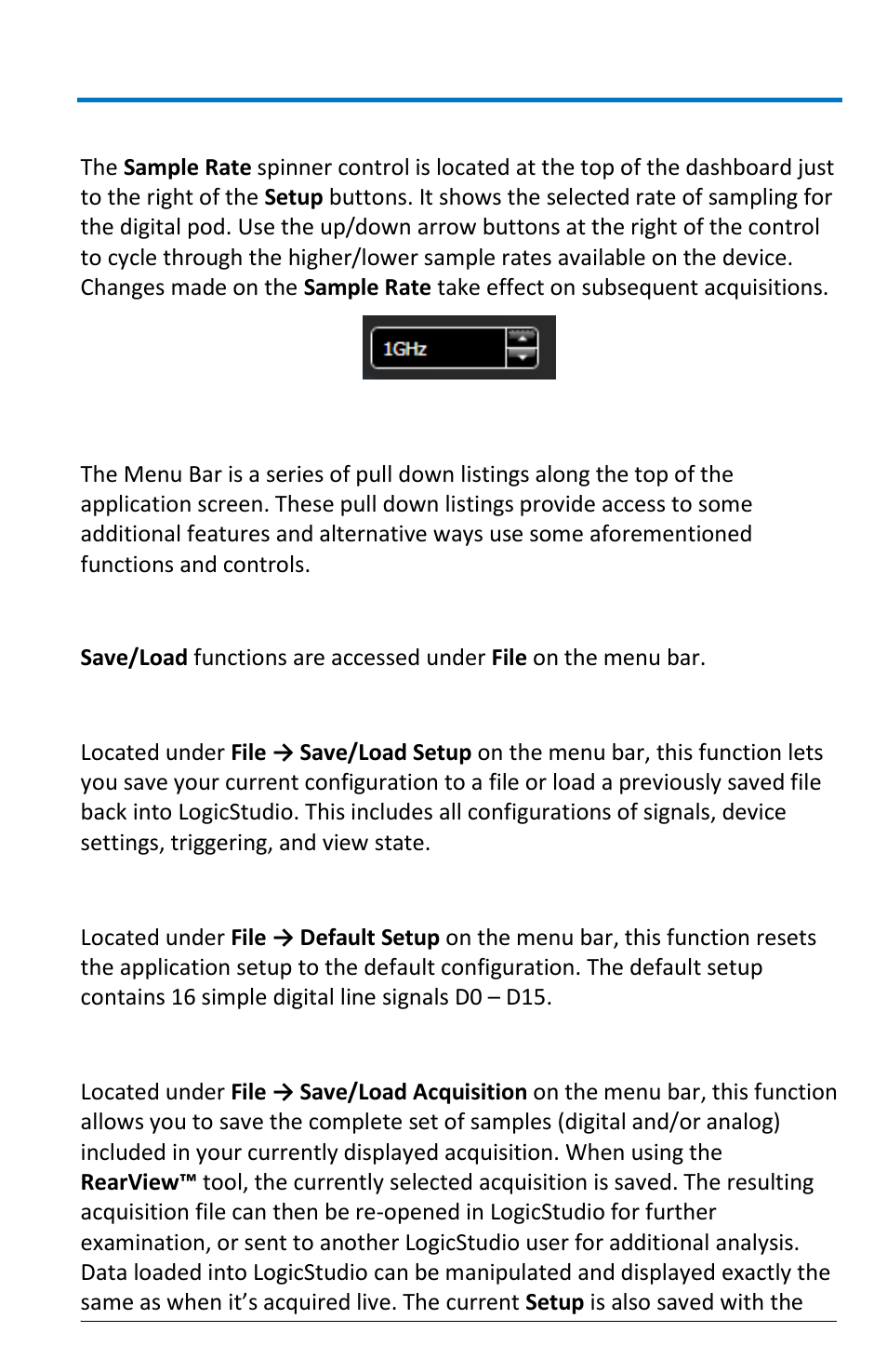 The menu bar, Sample rate, Save/load setup, acquisition, or screenshot | Teledyne LeCroy LogicStudio User Manual | Page 33 / 42