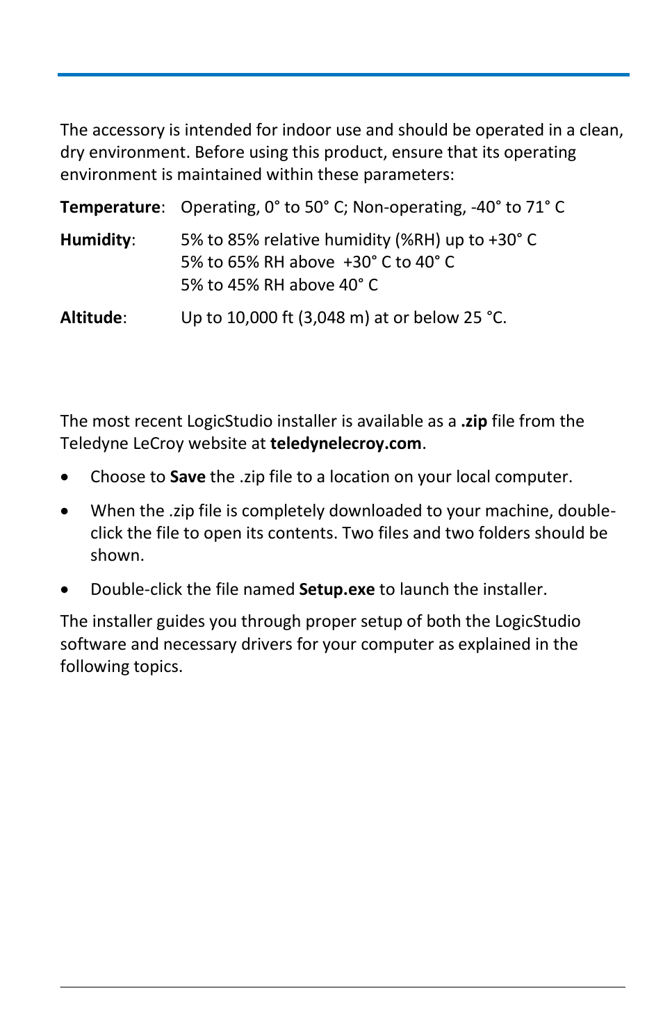 Software and driver installation, Operating environment | Teledyne LeCroy LogicStudio User Manual | Page 7 / 42