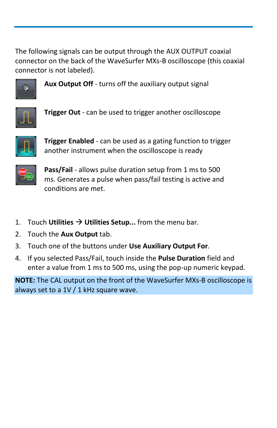 Aux output, Setting up auxiliary output | Teledyne LeCroy WaveSurfer MXs-B Getting Started Manual User Manual | Page 100 / 126