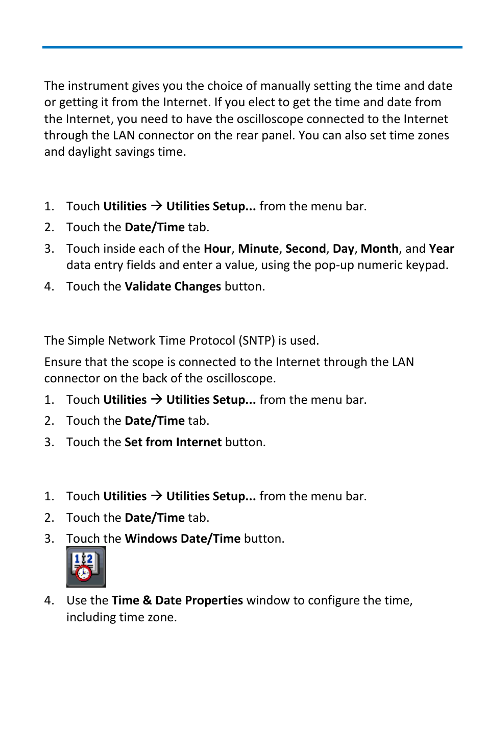 Setting the date and time, Manually setting the date and time, Setting the date and time from the internet | Setting the date and time from windows | Teledyne LeCroy WaveSurfer MXs-B Getting Started Manual User Manual | Page 101 / 126