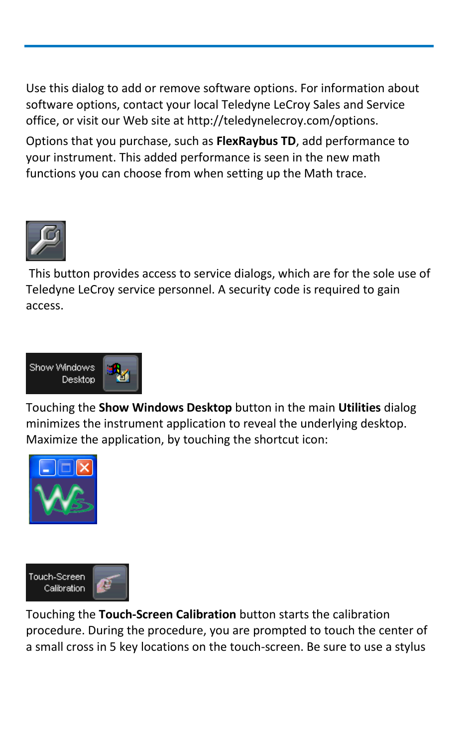 Options, Service, Show windows desktop | Touch-screen calibration | Teledyne LeCroy WaveSurfer MXs-B Getting Started Manual User Manual | Page 102 / 126