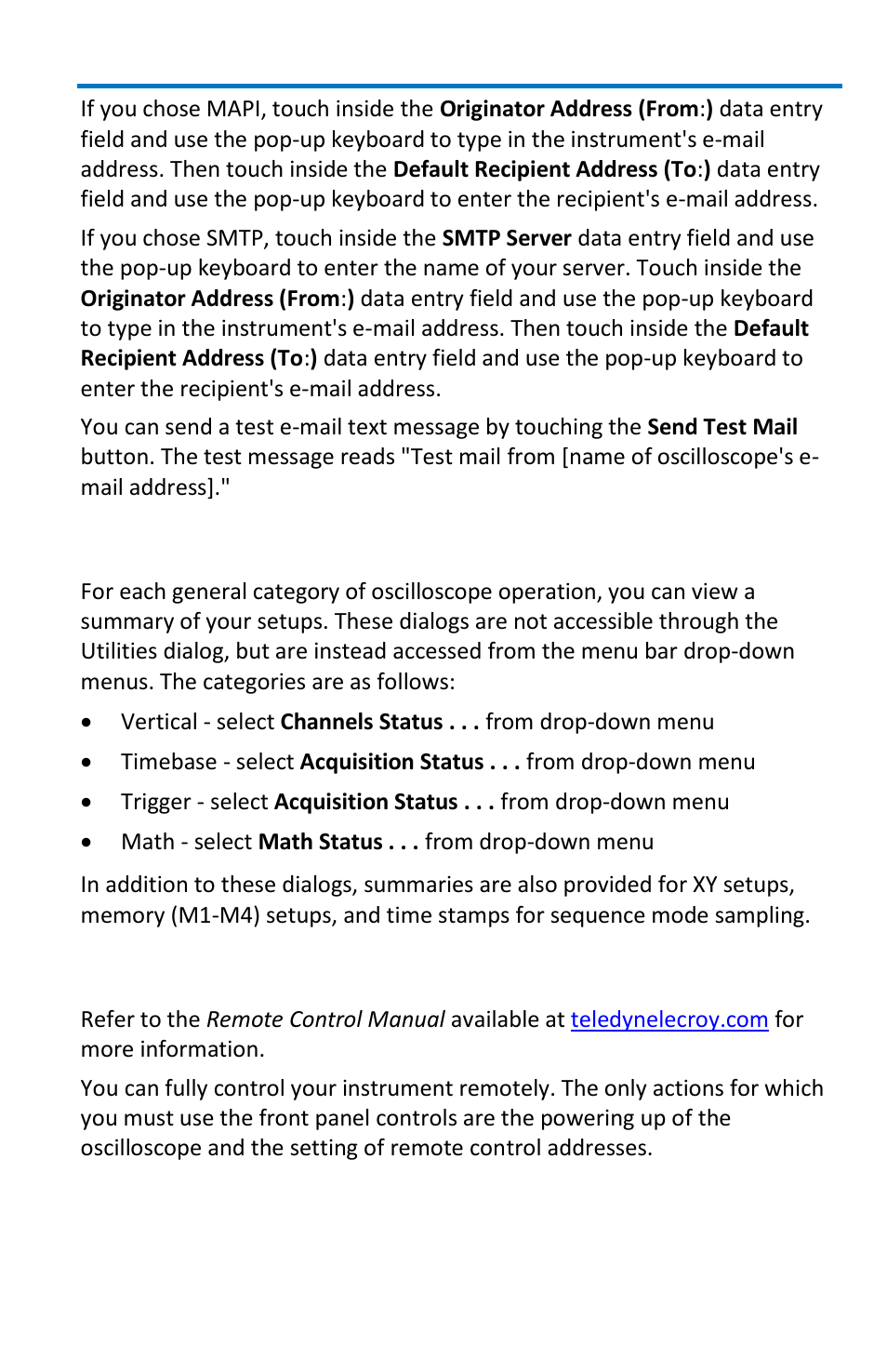 Acquisition status, Remote control operation | Teledyne LeCroy WaveSurfer MXs-B Getting Started Manual User Manual | Page 105 / 126