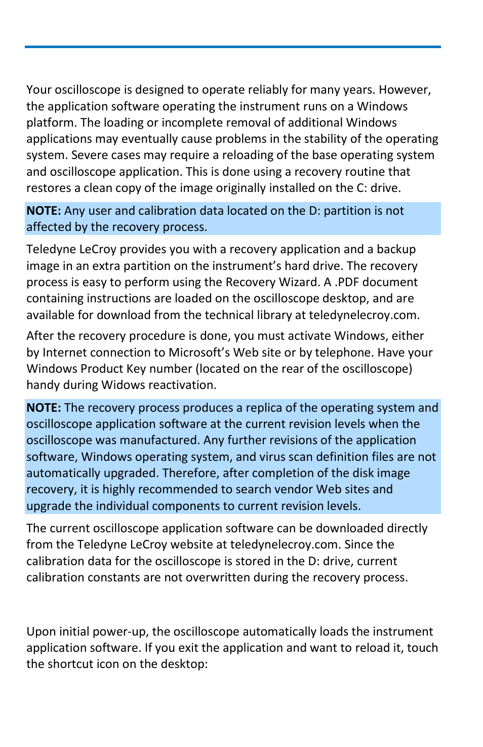 Software recovery application, Restarting the application after recovery | Teledyne LeCroy WaveSurfer MXs-B Getting Started Manual User Manual | Page 108 / 126