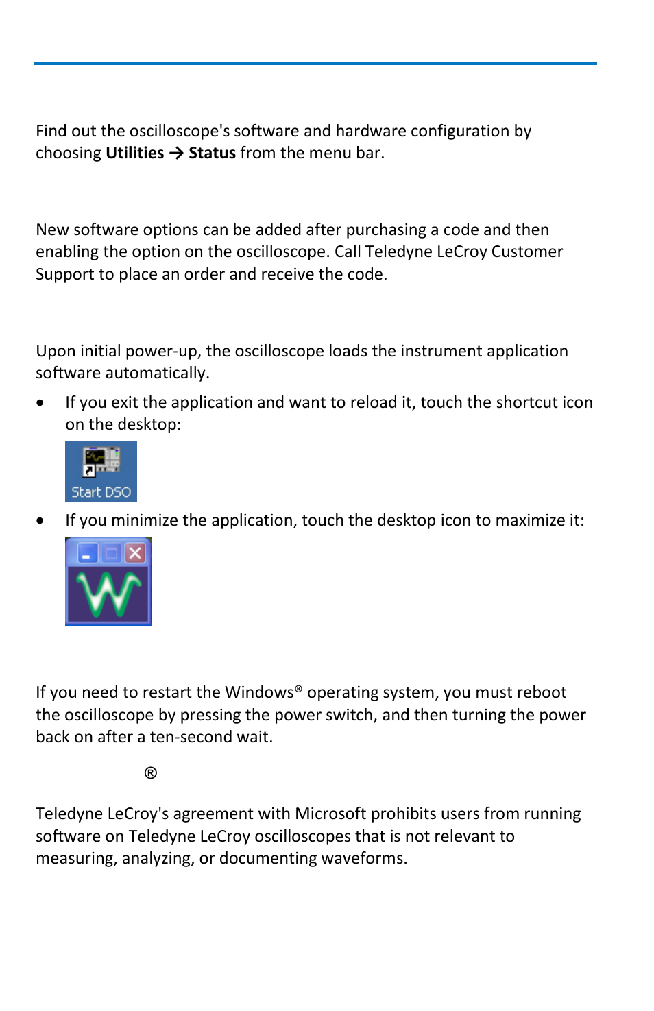Software, Adding a new option, Restarting the application | Rebooting the oscilloscope, Windows, License agreement | Teledyne LeCroy WaveSurfer MXs-B Getting Started Manual User Manual | Page 14 / 126