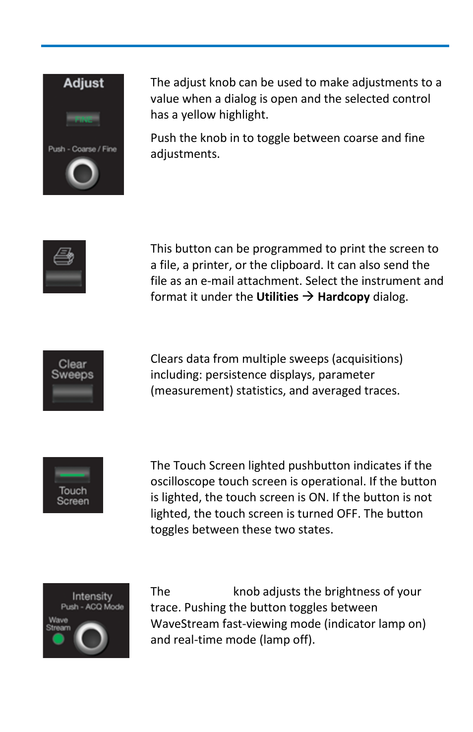 Adjust knob, Print button, Clear sweeps | Touch screen, Intensity/acquisition mode | Teledyne LeCroy WaveSurfer MXs-B Getting Started Manual User Manual | Page 19 / 126