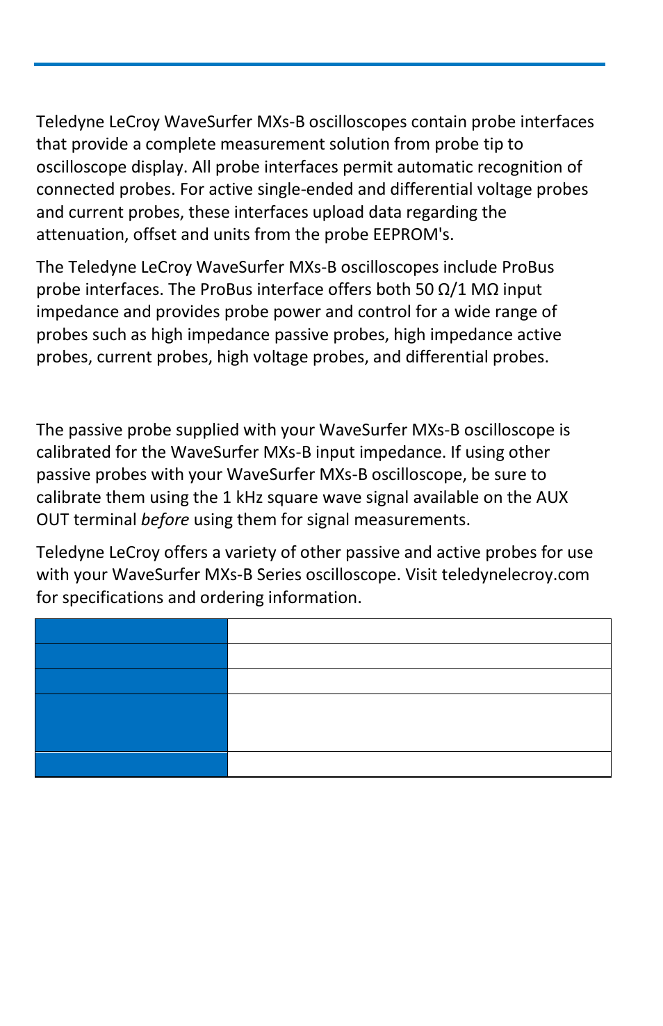 Probe and signal connection interfaces, Probe calibration, Wavesurfer mxs-b oscilloscopes | Teledyne LeCroy WaveSurfer MXs-B Getting Started Manual User Manual | Page 20 / 126