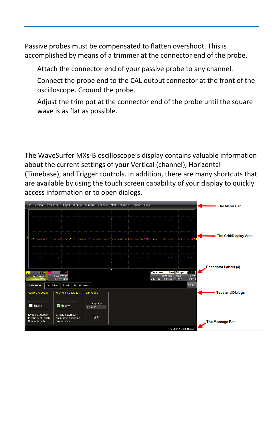 Display dashboard, Passive probe compensation | Teledyne LeCroy WaveSurfer MXs-B Getting Started Manual User Manual | Page 21 / 126
