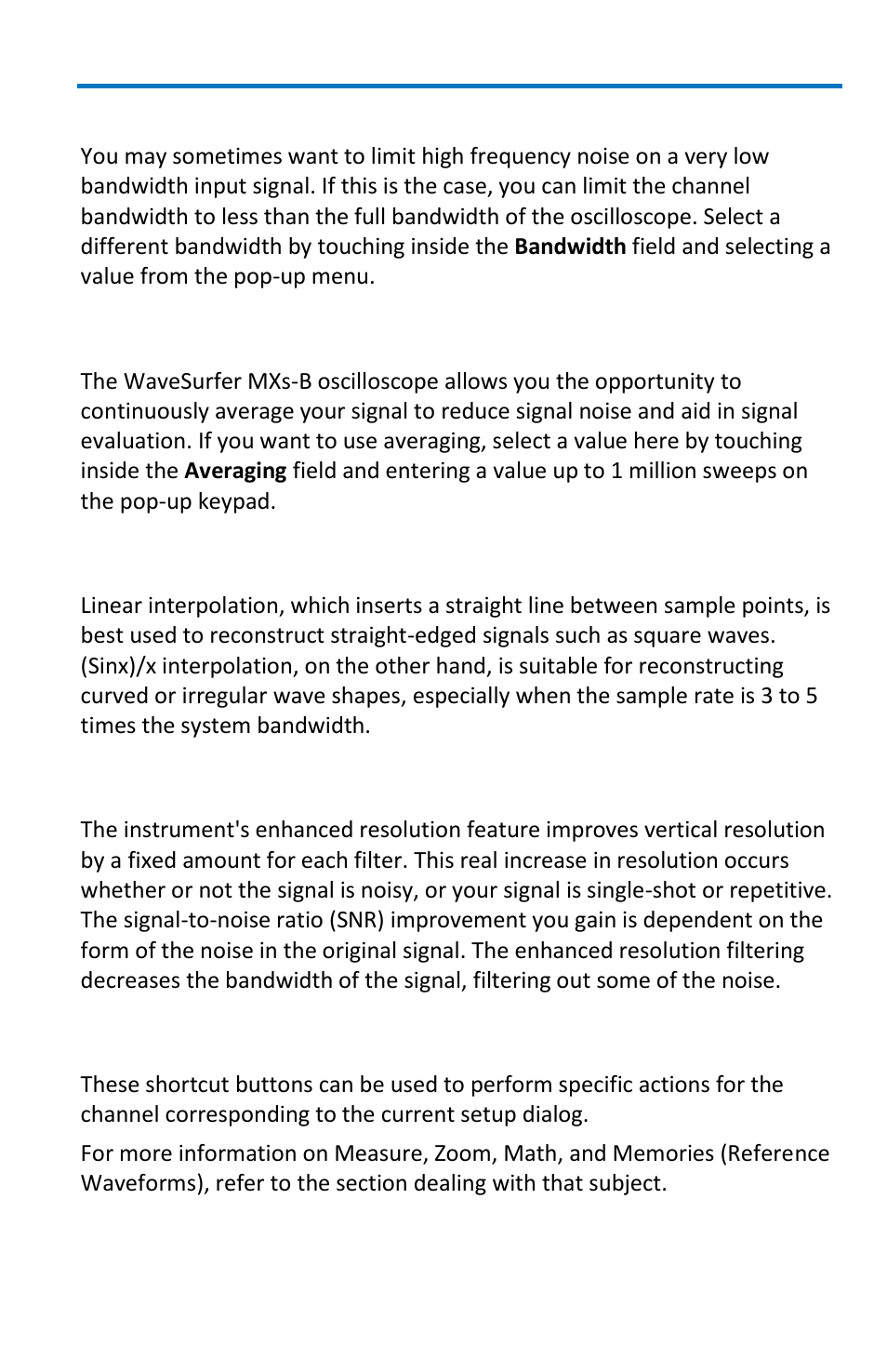 Bandwidth limiting, Averaging your signal, Interpolation settings | Noise filtering (eres), Using shortcut toolbar | Teledyne LeCroy WaveSurfer MXs-B Getting Started Manual User Manual | Page 29 / 126