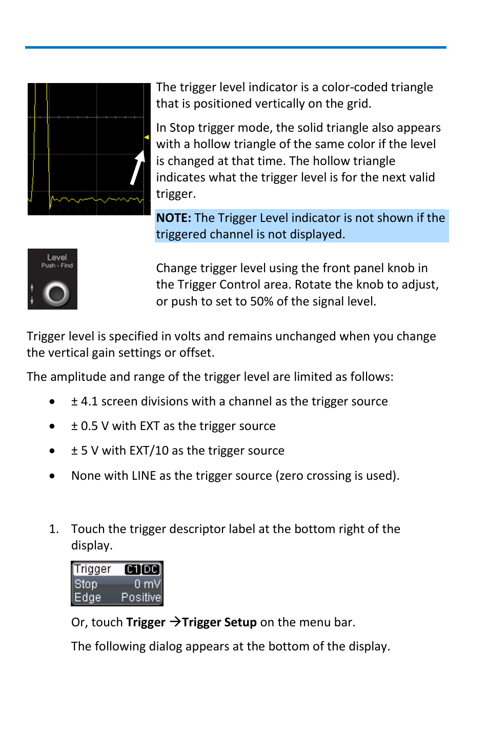 Trigger level indicator, Edge trigger set up | Teledyne LeCroy WaveSurfer MXs-B Getting Started Manual User Manual | Page 38 / 126