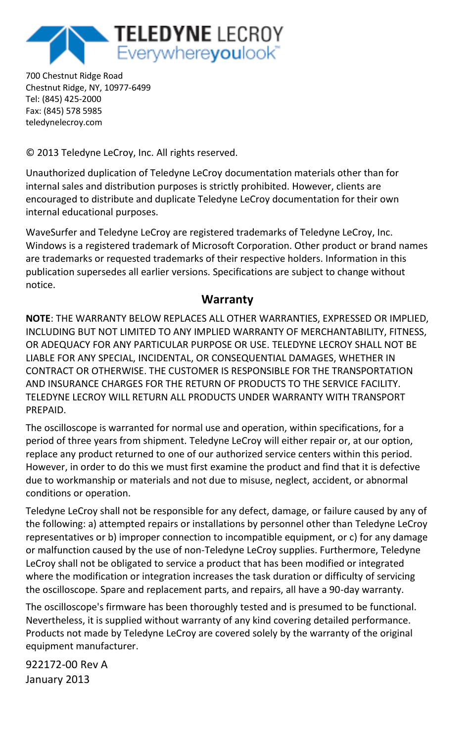 Warranty | Teledyne LeCroy WaveSurfer MXs-B Getting Started Manual User Manual | Page 4 / 126